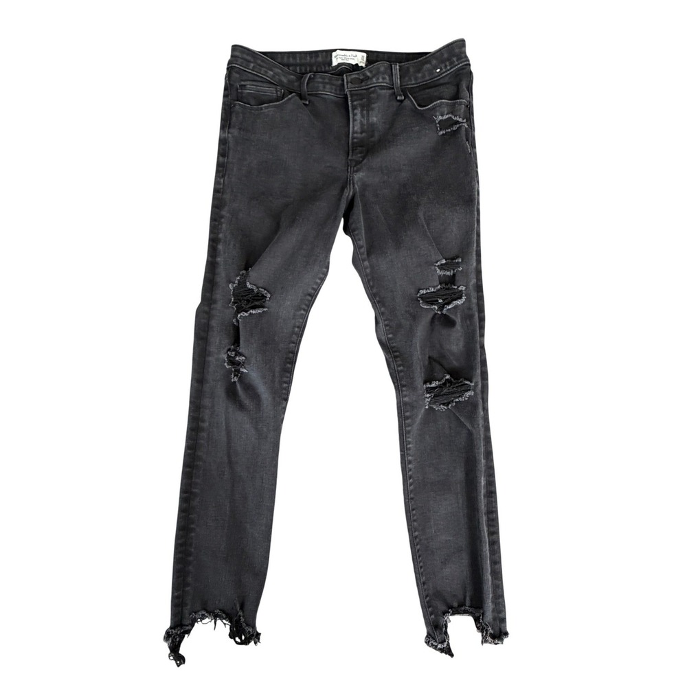 Abercrombie Fitch Super Skinny Ankle Mid Rise Distressed Black Jeans Womens 10